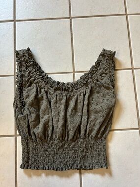 Smocked Eyelet Crop Tank Top - Olive Green